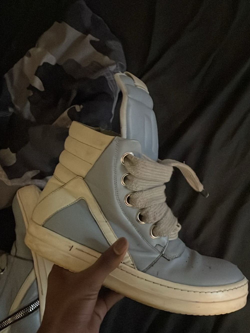 Rick Owens Light Blue and Cream High-Top Sneakers